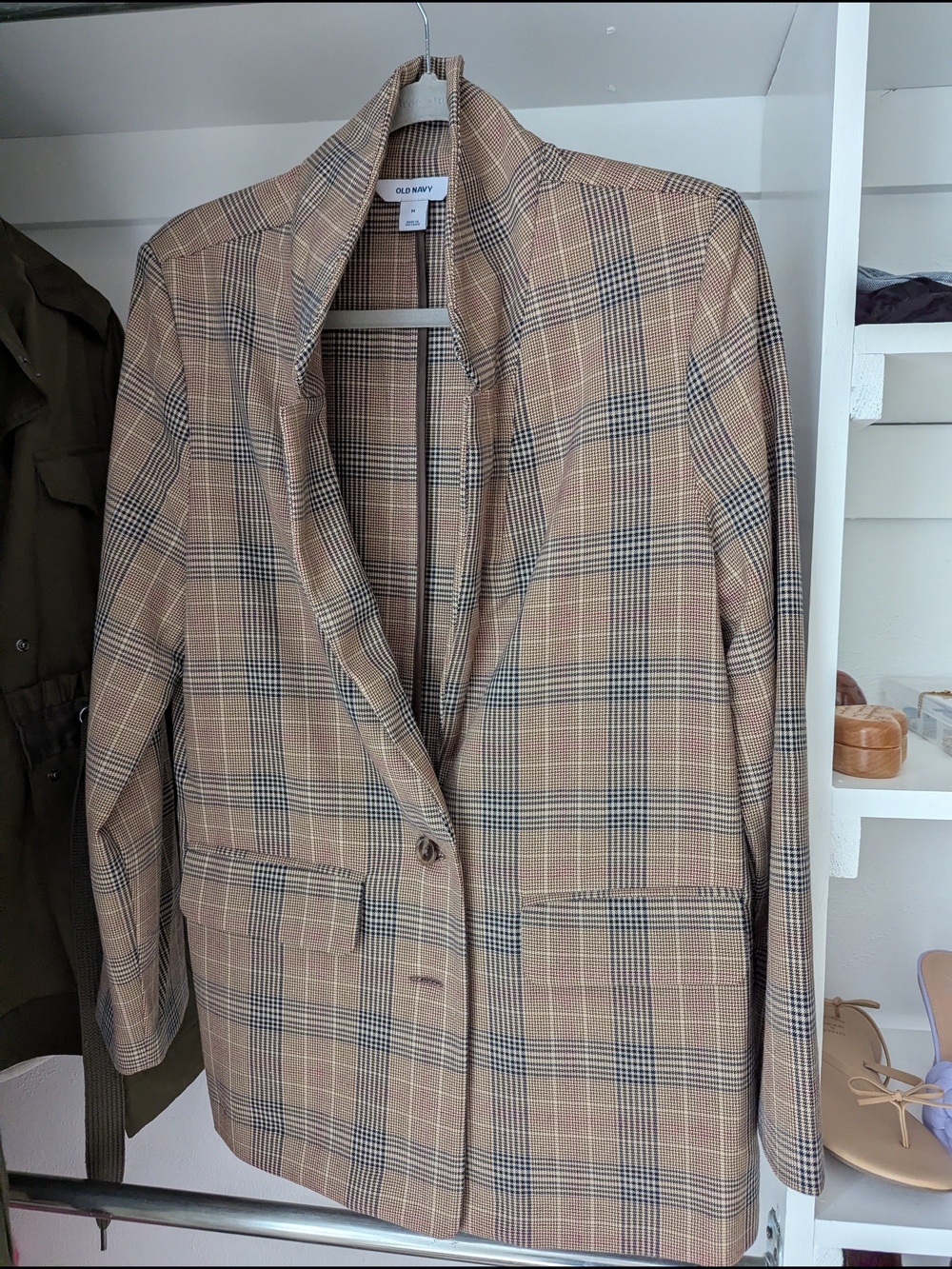 Old Navy Tan Plaid Blazer with Subtle Pink Accents M